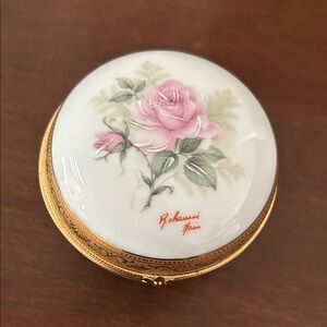 Vintage Limoges Gold and White Trinket Box with Pink Roses